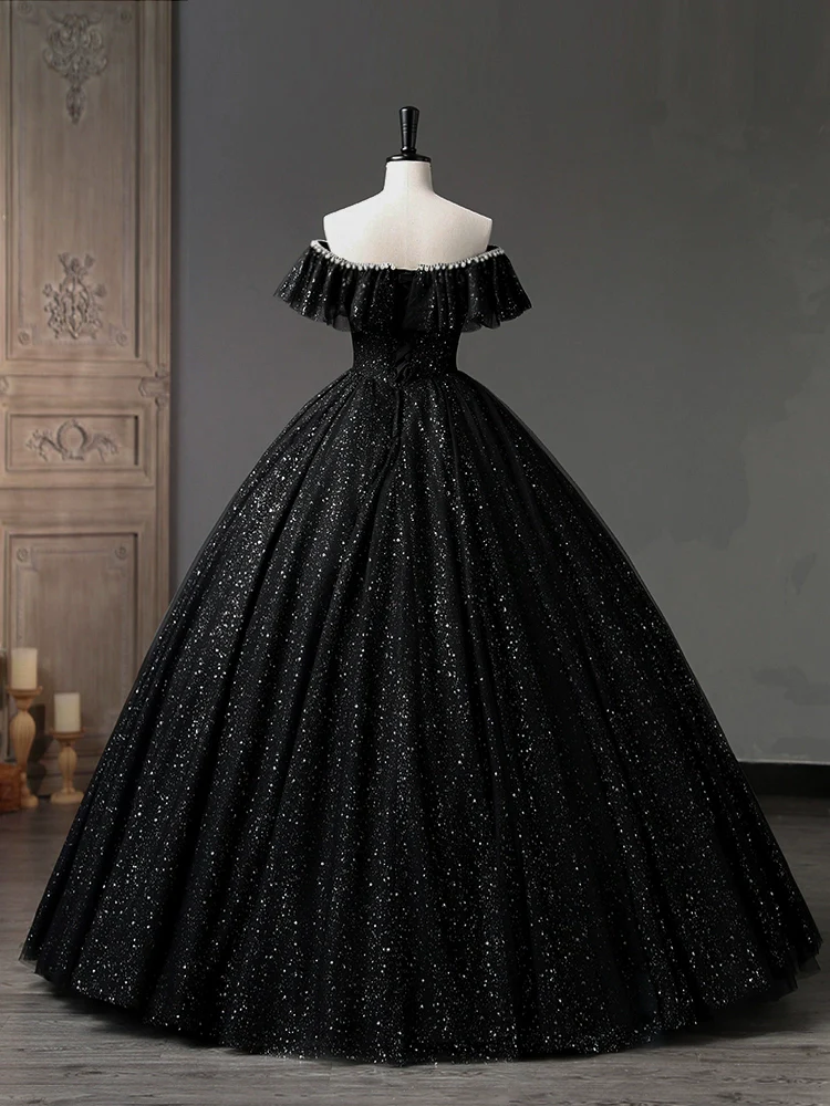 Simple A-Line Sweetheart Neck Tulle Sequin Black Long Prom Dress B056
