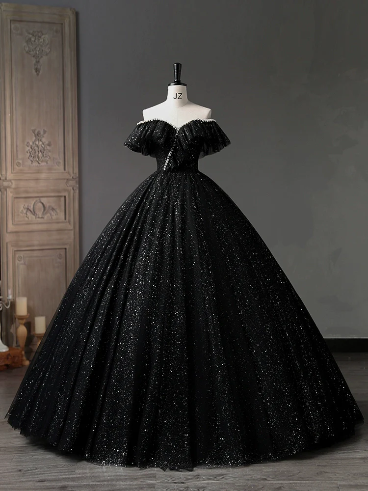 Simple A-Line Sweetheart Neck Tulle Sequin Black Long Prom Dress B056