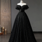 Simple A-Line Sweetheart Neck Tulle Sequin Black Long Prom Dress B056