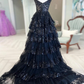 Cute A-Line Sweetheart Neck Tulle Sequin Black Long Prom Dress B057