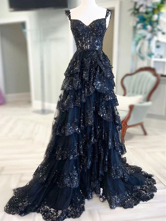 Robe de bal longue noire en Tulle à paillettes, coupe trapèze, col en cœur, mignonne, B057