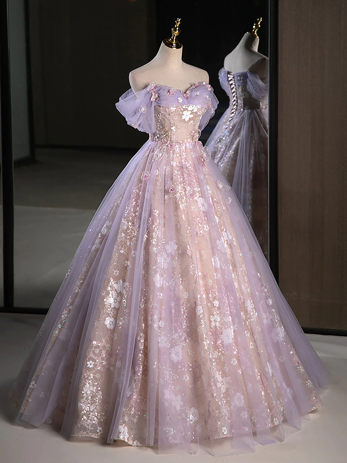 Robe de bal col en cœur Tulle dentelle violet longue douce 16 robes B058