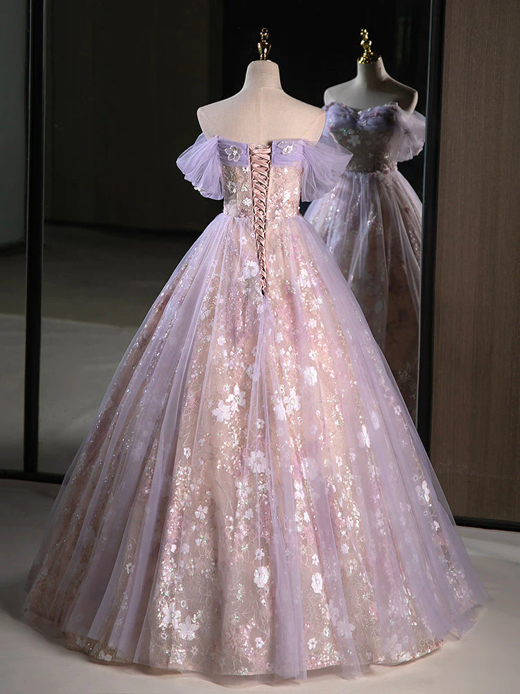 Robe de bal col en cœur Tulle dentelle violet longue douce 16 robes B058