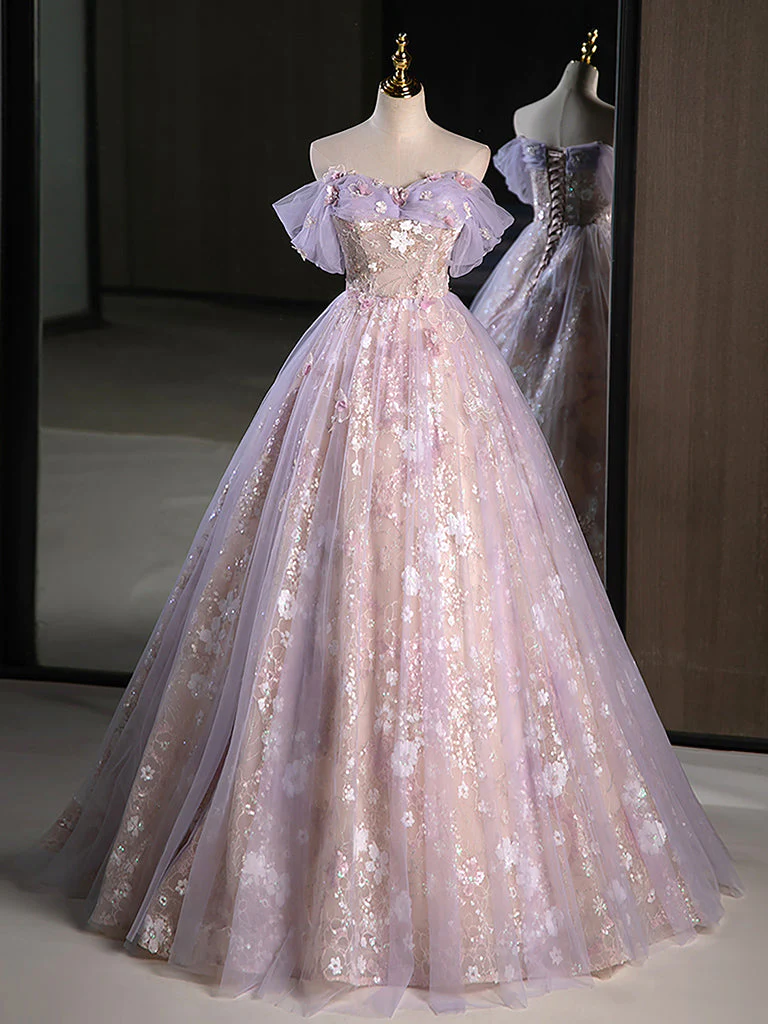 Robe de bal col en cœur Tulle dentelle violet longue douce 16 robes B058