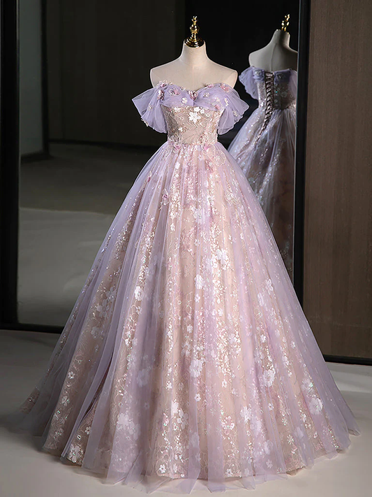 Robe de bal col en cœur Tulle dentelle violet longue douce 16 robes B058