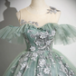 Ball Gown Off Shoulder Tulle Lace Green Long Sweet 16 Dresses B059