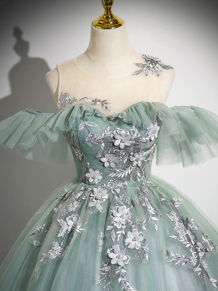 Ball Gown Off Shoulder Tulle Lace Green Long Sweet 16 Dresses B059