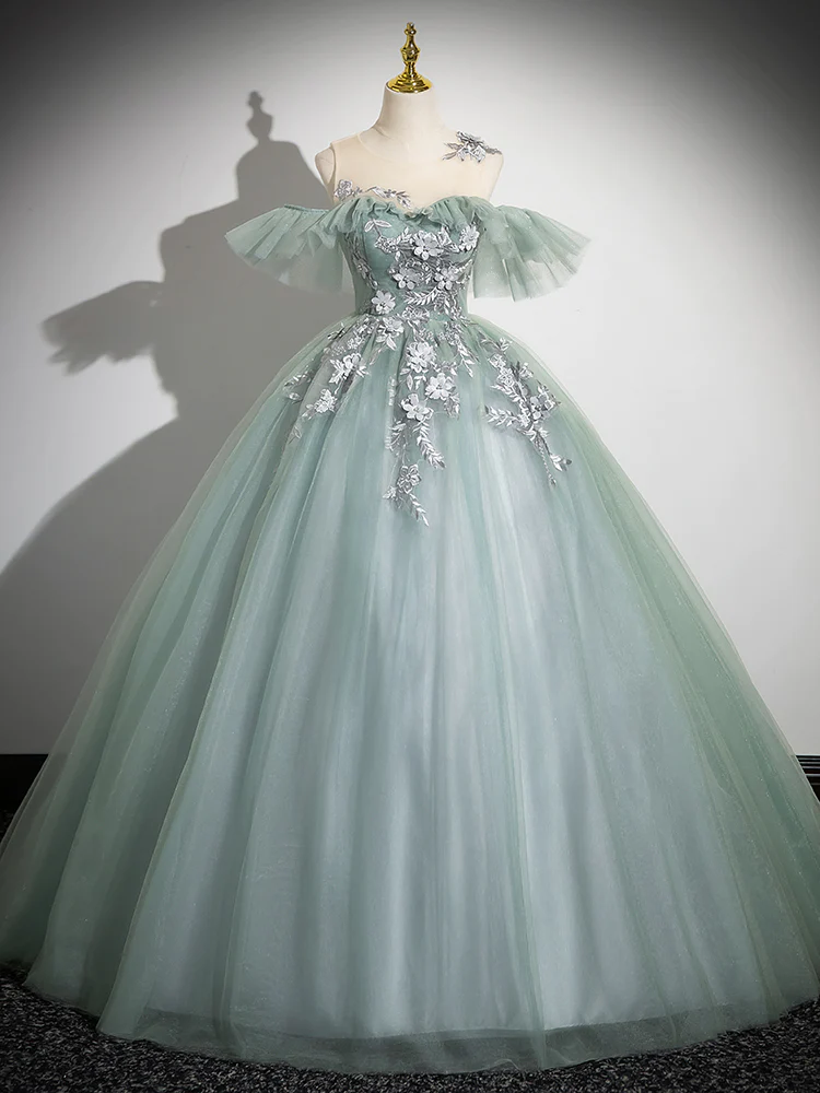 Ball Gown Off Shoulder Tulle Lace Green Long Sweet 16 Dresses B059