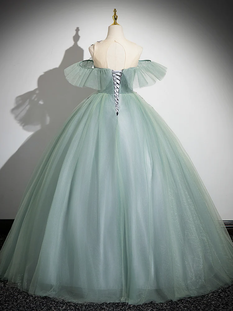 Ball Gown Off Shoulder Tulle Lace Green Long Sweet 16 Dresses B059