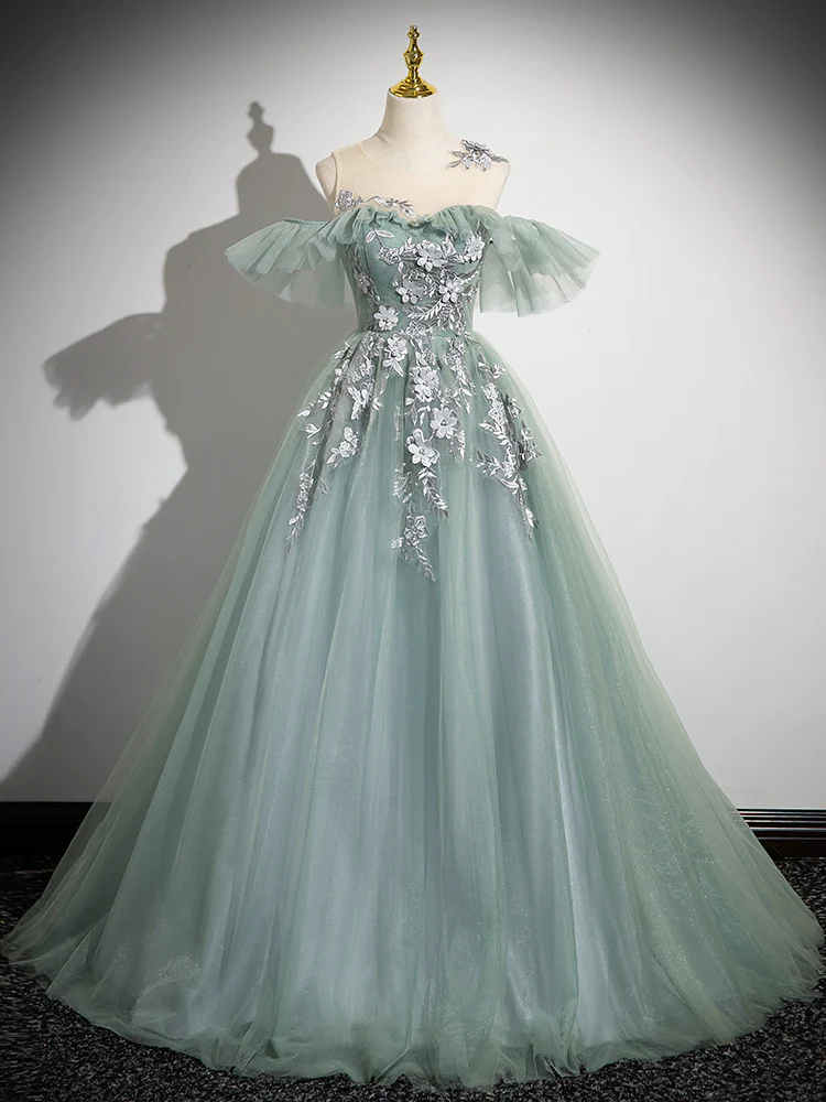 Ball Gown Off Shoulder Tulle Lace Green Long Sweet 16 Dresses B059