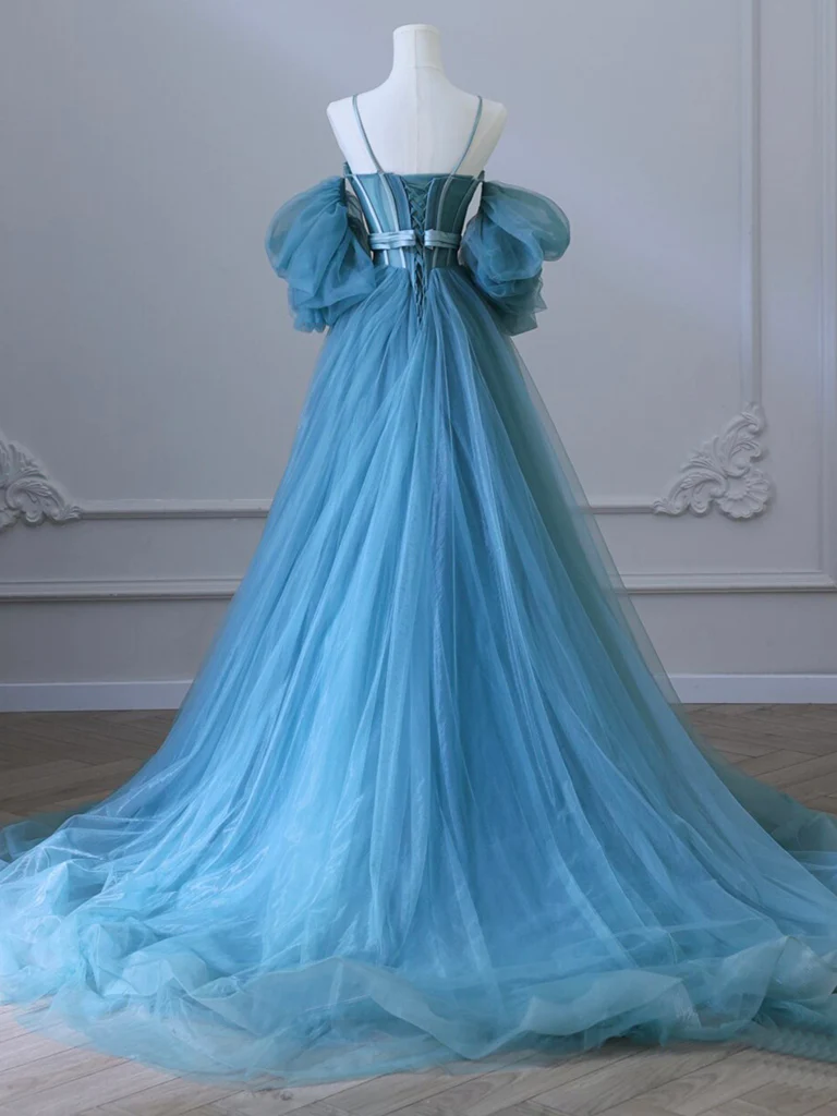 Simple A-Line Sweetheart Neck Tulle Blue Long Prom Dress B061