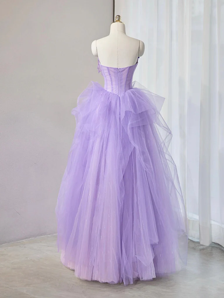 Cute Purple Sweetheart Neck Tulle Applique Long Prom Dress B063