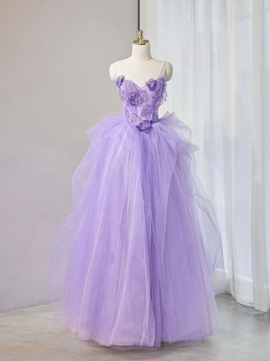 Jolie robe de bal longue en tulle avec col en cœur violet et appliques, B063