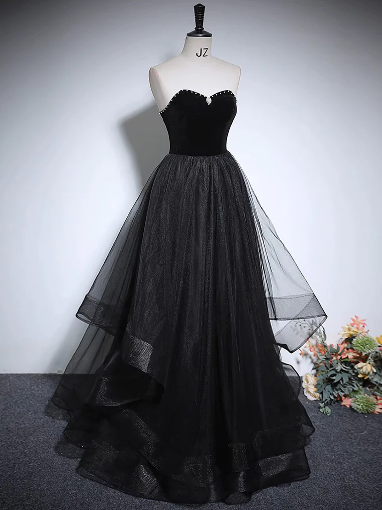 Cute A-Line Tulle Black Long Prom Dress B064