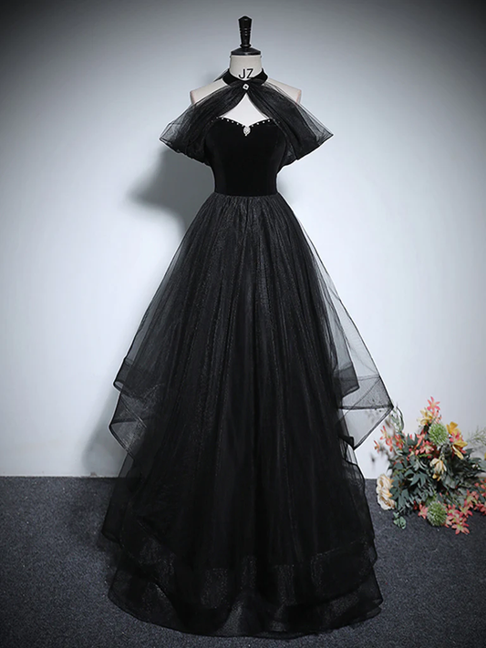 Jolie robe de bal longue noire en tulle trapèze B064