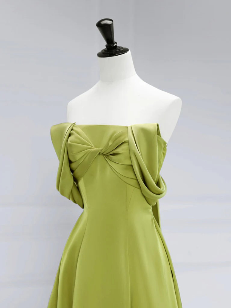 Robe de bal longue en satin vert simple, ligne a, épaules dénudées, B065