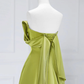 Robe de bal longue en satin vert simple, ligne a, épaules dénudées, B065