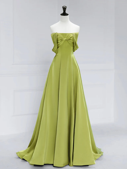 Simple A-Line Off Shoulder Green Satin Long Prom Dress B065