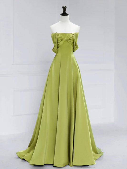 Robe de bal longue en satin vert simple, ligne a, épaules dénudées, B065