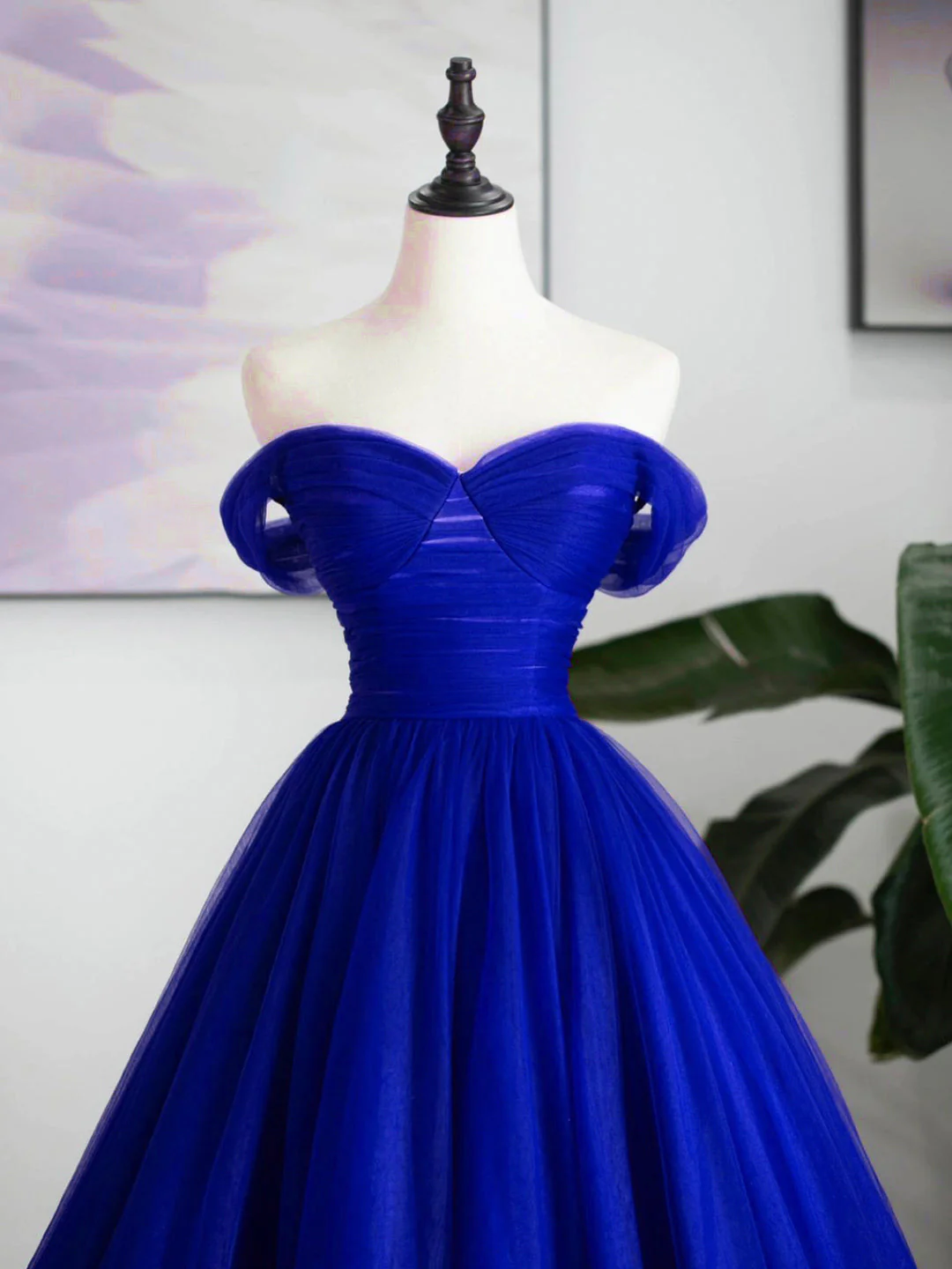 A-Line Sweetheart Neck Tulle Royal Blue Long Prom Dress B067