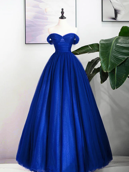 A-ligne chérie cou tulle bleu royal longue robe de bal B067