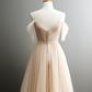 A-Line Off Shoulder Champagne Tulle Long Prom Dress B068