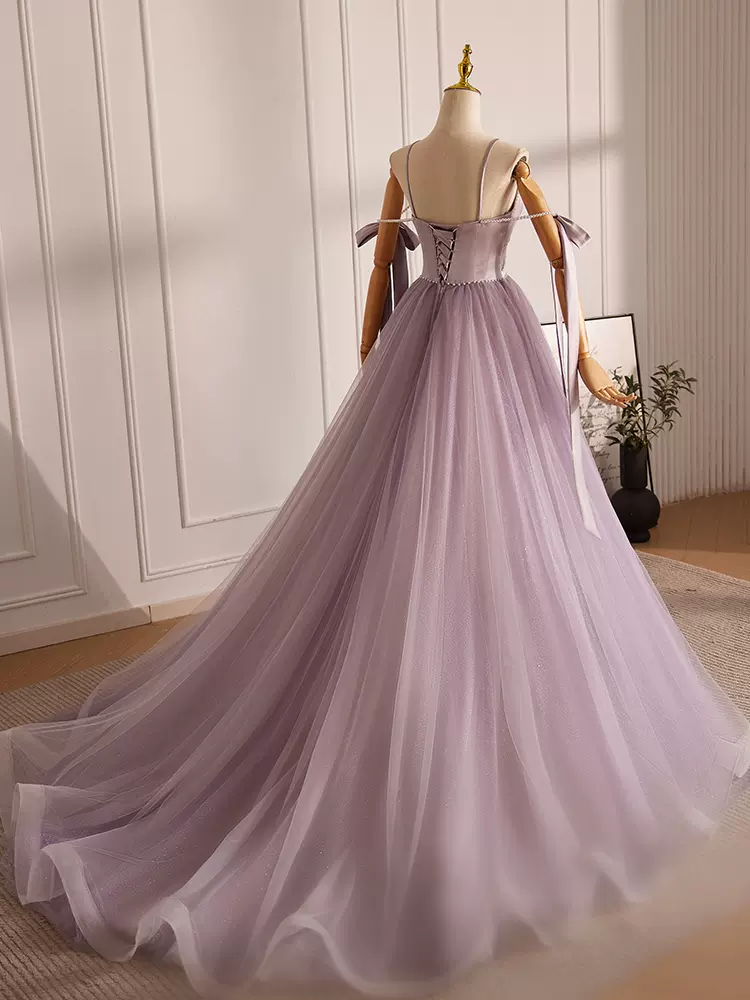 A-Line V Neck Tulle Beads Lilac Long Prom Dress B070