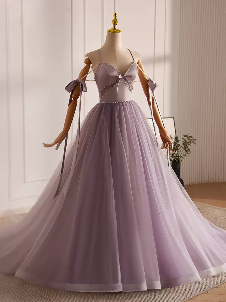 A-Line V Neck Tulle Beads Lilac Long Prom Dress B070