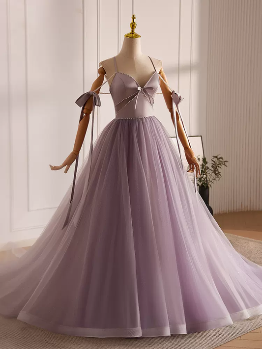 Robe de bal longue trapèze, col en V, perles en tulle, lilas, B070