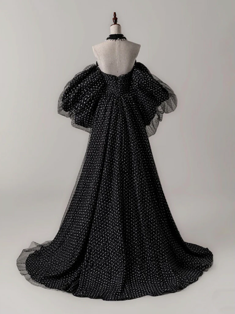 Robe de bal longue en tulle noire trapèze, robe formelle longue, B072