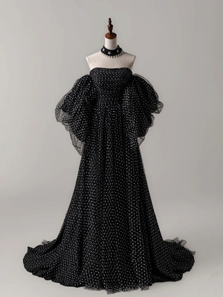 Robe de bal longue en tulle noire trapèze, robe formelle longue, B072