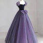 A-ligne manches bouffantes Tulle velours violet longue robe de bal B073