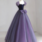 A-Line Puff sleeves Tulle Velvet Purple Long Prom Dress B073