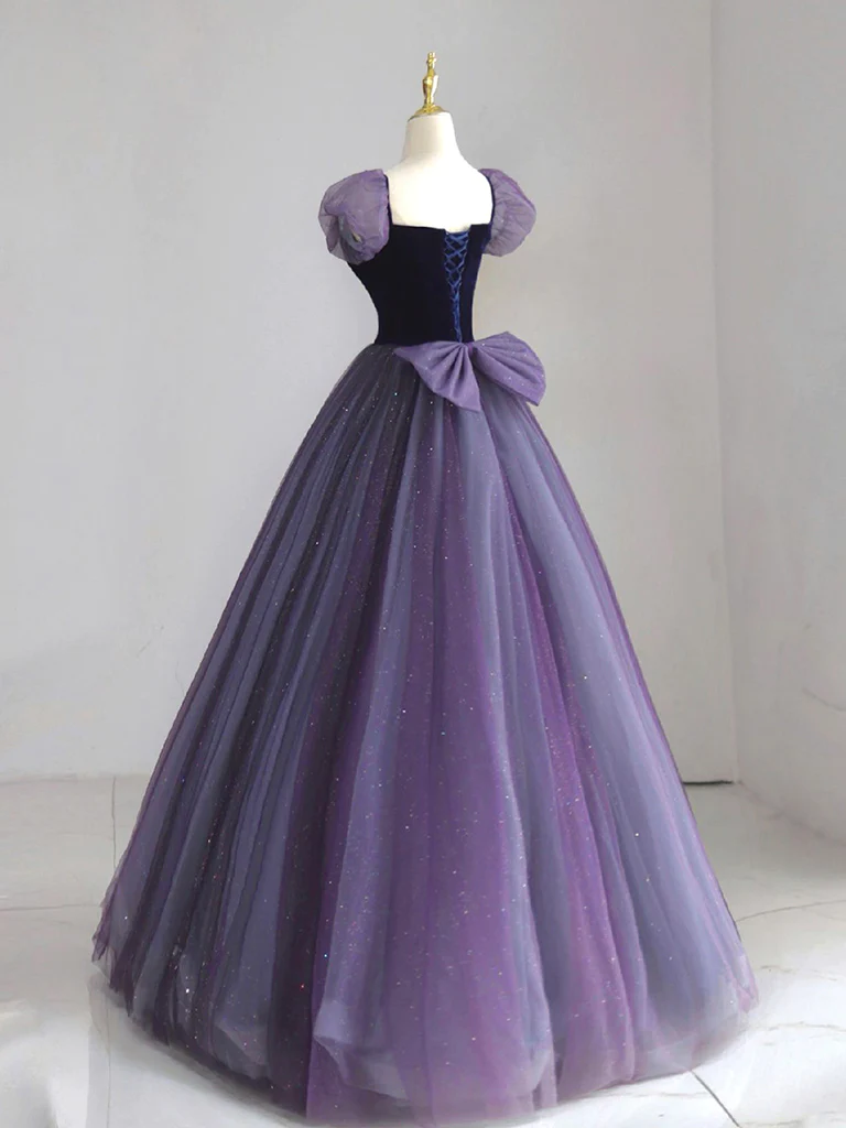 A-Line Puff sleeves Tulle Velvet Purple Long Prom Dress B073