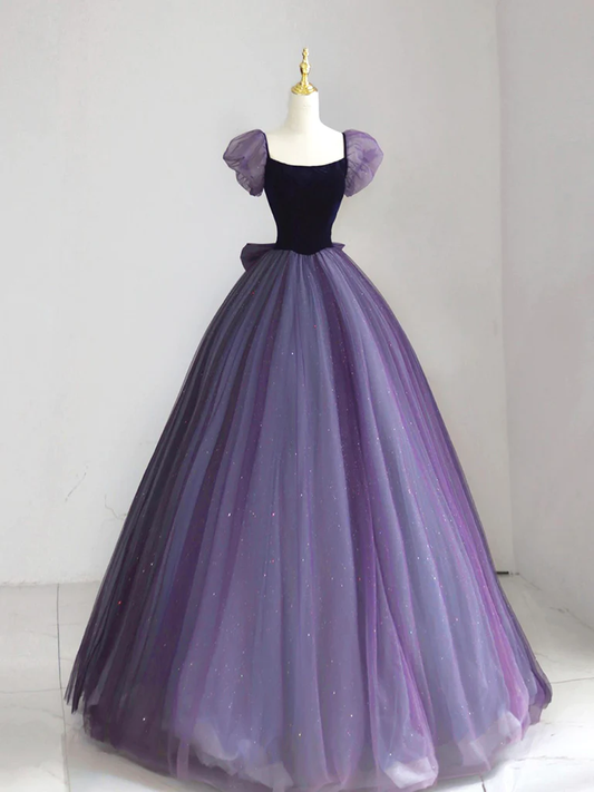 A-ligne manches bouffantes Tulle velours violet longue robe de bal B073