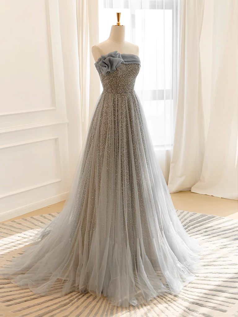 A Line Gray Tulle Sequin Long Prom Dress B075