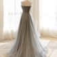 A Line Gray Tulle Sequin Long Prom Dress B075