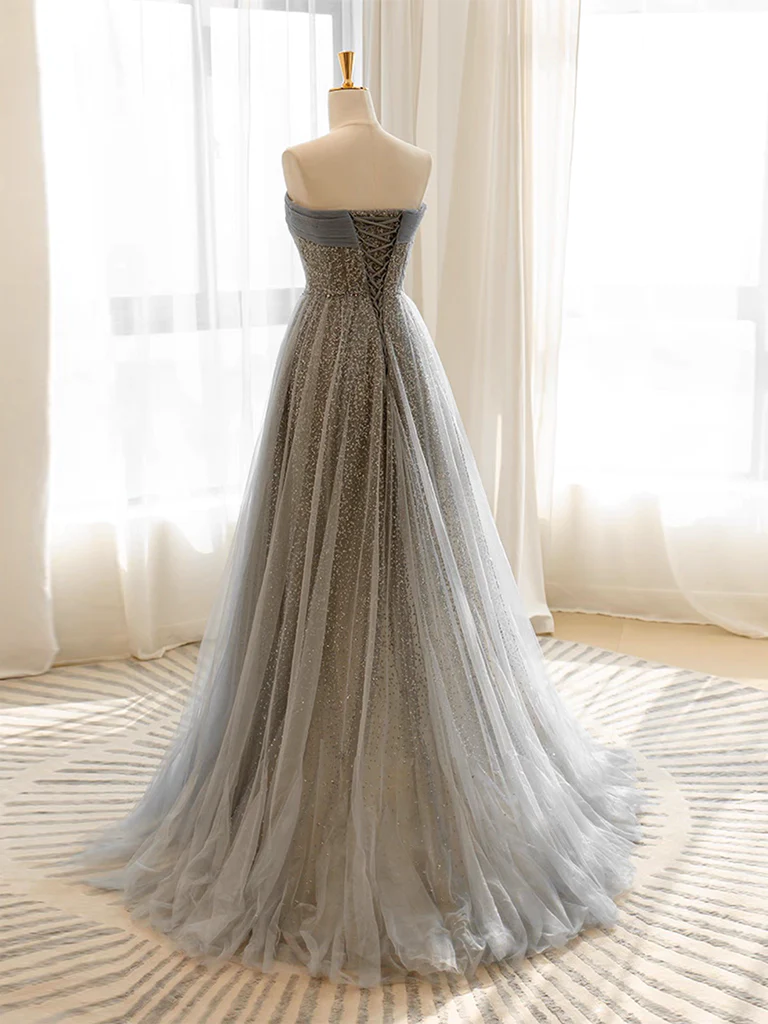 A Line Gray Tulle Sequin Long Prom Dress B075