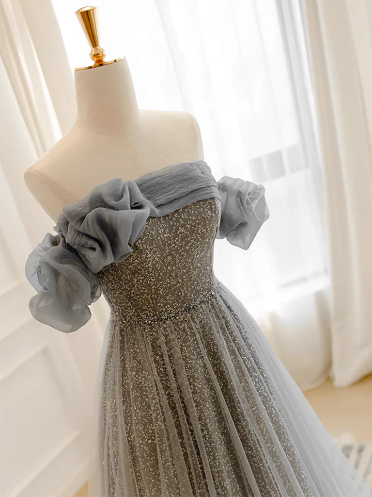 A Line Gray Tulle Sequin Long Prom Dress B075