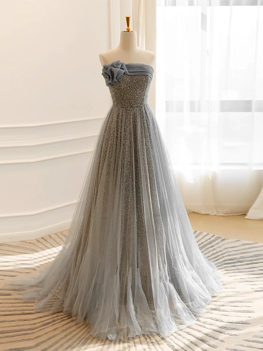 A Line Gray Tulle Sequin Long Prom Dress B075