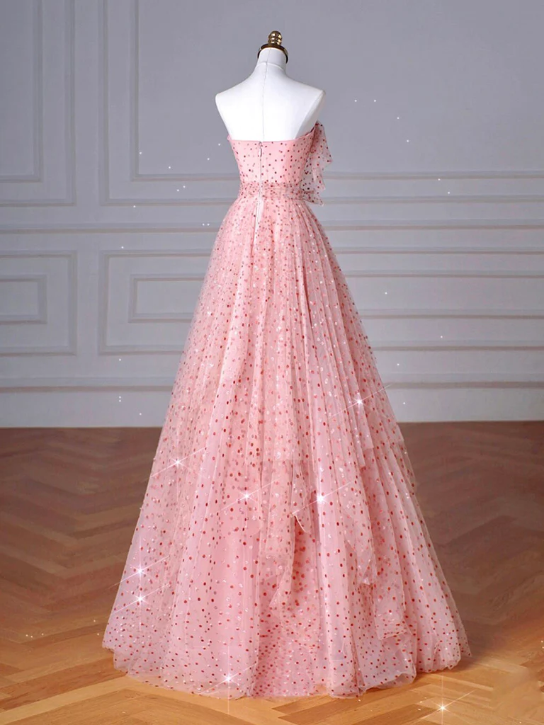 A-Line Pink Tulle Long Prom Dress B077