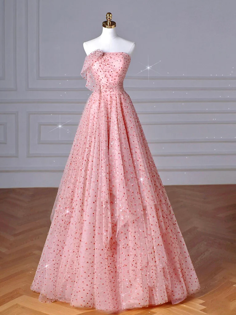 A-Line Pink Tulle Long Prom Dress B077
