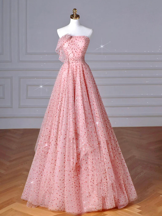 Robe de bal longue en tulle rose trapèze B077