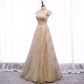 A line High Neckline Sequin Long Gold Prom Dress B080