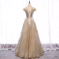 A line High Neckline Sequin Long Gold Prom Dress B080