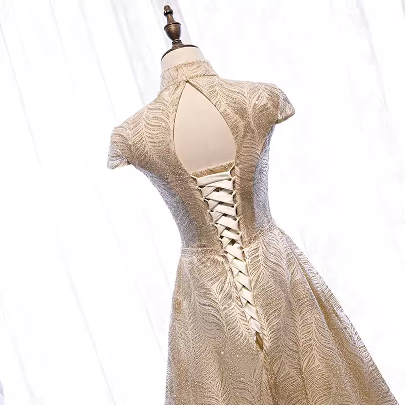 A line High Neckline Sequin Long Gold Prom Dress B080