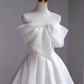 Simple A-Line Off The Shoulder Satin White Long Wedding Dresses B081