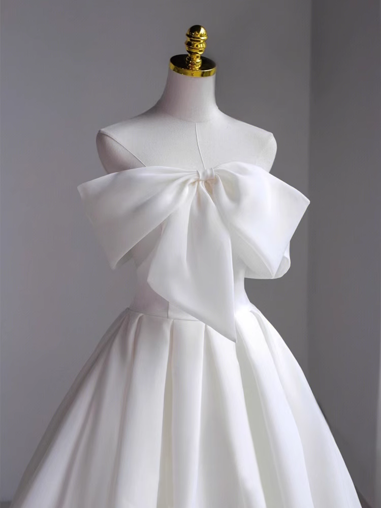 Simple A-Line Off The Shoulder Satin White Long Wedding Dresses B081