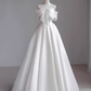 Simple A-Line Off The Shoulder Satin White Long Wedding Dresses B081