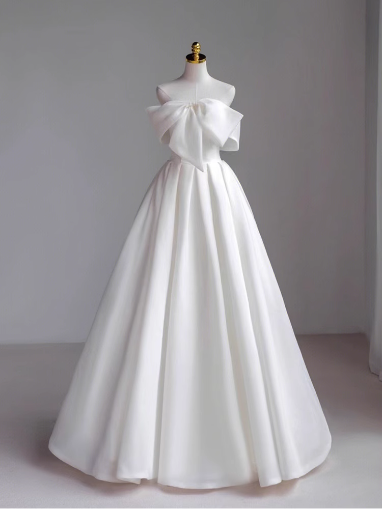 Simple A-Line Off The Shoulder Satin White Long Wedding Dresses B081